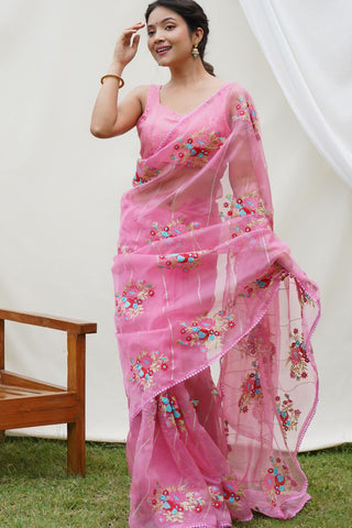 Pink Organza Silk Saree