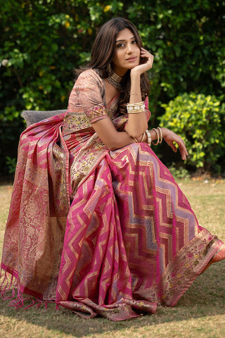 Pink Organza Leheriya Woven Design Saree