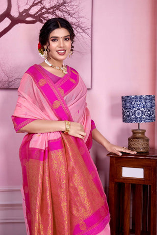 Pink Pure Handloom Cotton With Gold Zari Silk Saree_Kumari Sarees