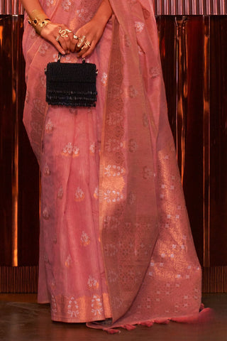 PINK PURE LINEN COPPER ZARI WEAVING SAREE 