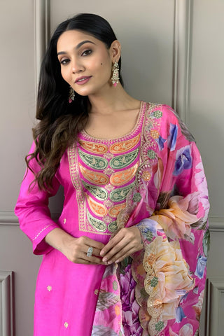 Pink Viscose Chanderi Embrodairy Stright Kurta Set_Kumari Sarees