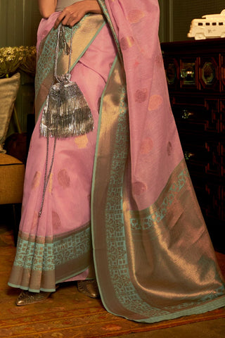 PINK LINEN COPPER ZARI WEAVING SAREE