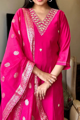 Pink Chanderi Jaccard Silk Embroidery Kurta Set_Kumari Sarees
