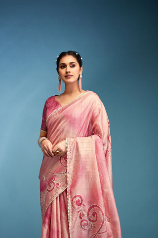 Pink Tussar Saree With Hand Based Work