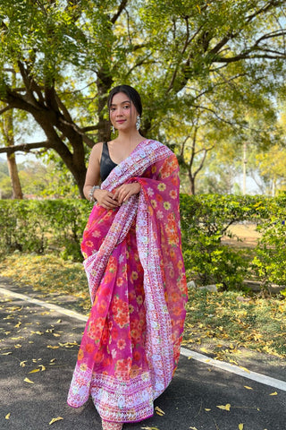 PINK ORGANZA EMBROIDERED SAREE