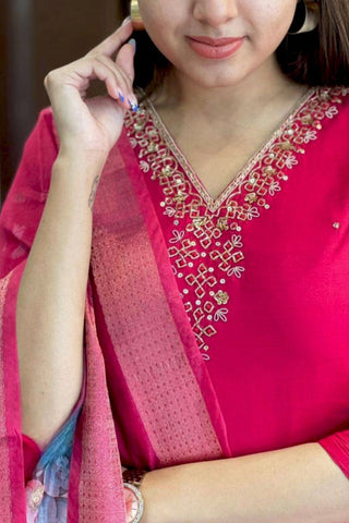 Pink Organza Viscose Chanderi Embroidery Kurta Set