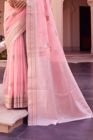 PINK PURE LINEN WEAVING SAREE