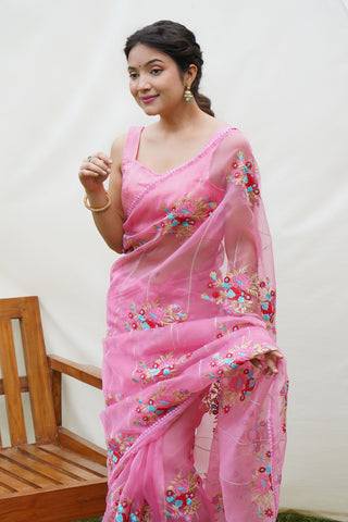 Pink Organza Silk Saree