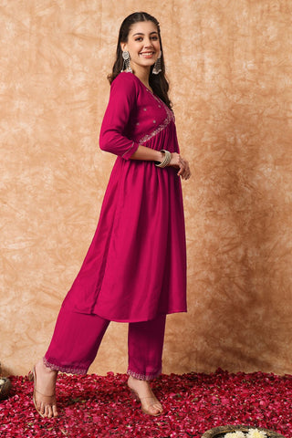 Pink Organza Vichitra Silk Kurta Set_Kumari Sarees
