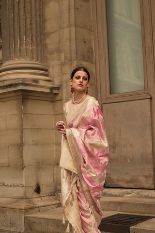 Pink Rangkat Satin Handloom Weaving Silk Saree