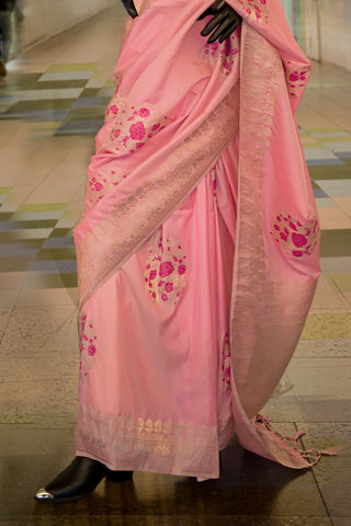 Pink Katan Silk Handloom Weaving Saree