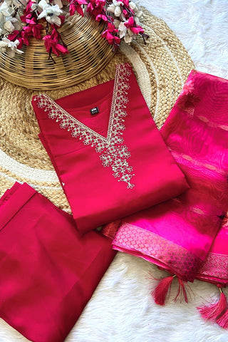 Pink Organza Viscose Chanderi Embroidery Kurta Set