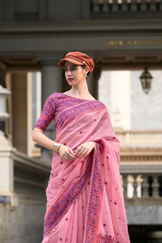 PINK SOFT LINEN COTTON SAREE