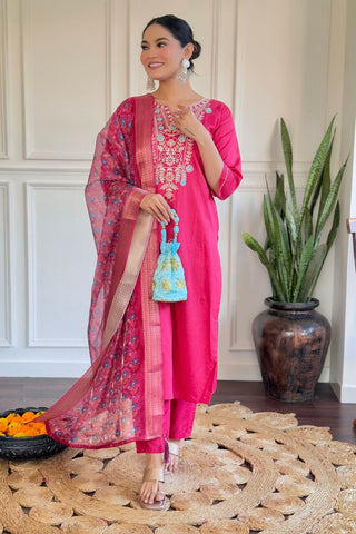 Chanderi & Organza Embroidered Butti Dupaata Set_Kumari Sarees