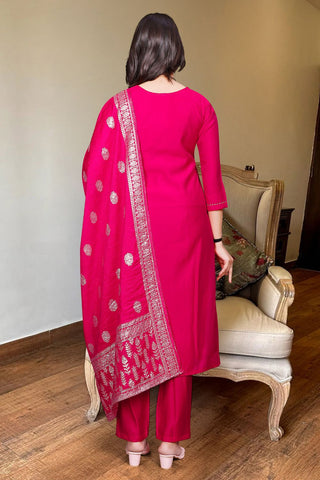 Pink Chanderi Jaccard Silk Embroidery Kurta Set_Kumari Sarees