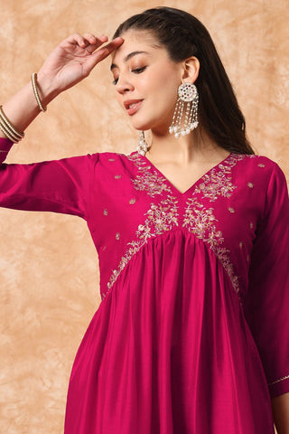 Pink Organza Vichitra Silk Kurta Set_Kumari Sarees