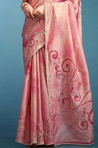 Pink Tussar Saree With Hand Based Work