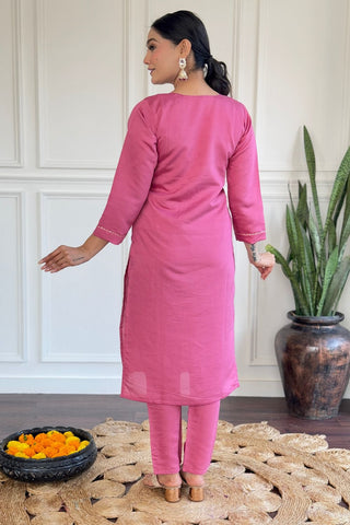 Pink Viscose Chanderi Jacquard Embroidery Kurta Set_Kumari Sarees