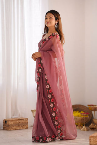 Pink Gold Crush With Multi Embroidery Work Saree_Kumari Sarees