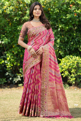 Pink Organza Leheriya Woven Design Saree