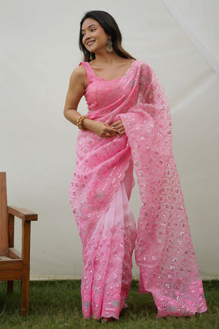 PINK ORGANZA SILK SAREE