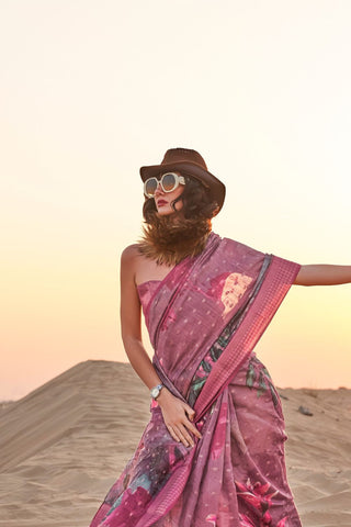 PINK PRINTED HANDLOOM LINEN SAREE