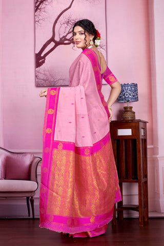 Pink Pure Handloom Cotton With Gold Zari Silk Saree_Kumari Sarees
