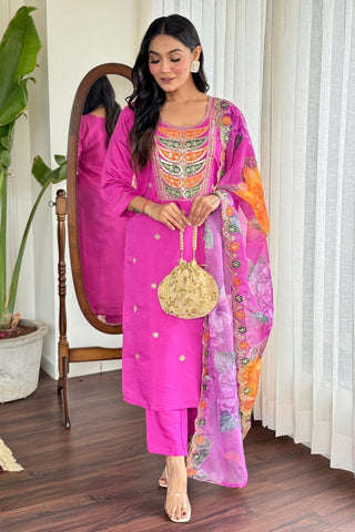 Pink Viscose Chanderi Embrodairy Stright Kurta Set_Kumari Sarees