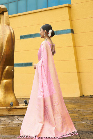 Pink Nylon Satin Weaving Jacquard Saree_Kumari Sarees