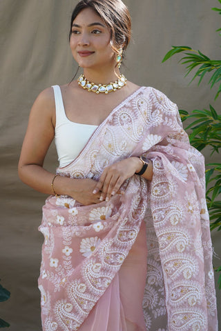 PINK ORGANZA SILK SAREE