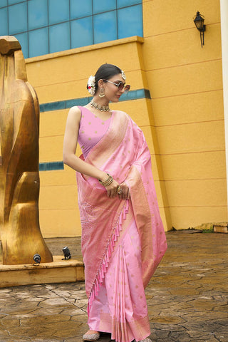 Pink Nylon Satin Weaving Jacquard Saree_Kumari Sarees