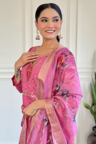 Pink Viscose Chanderi Jacquard Embroidery Kurta Set_Kumari Sarees