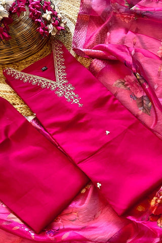 Pink Organza Viscose Chanderi Embroidery Kurta Set