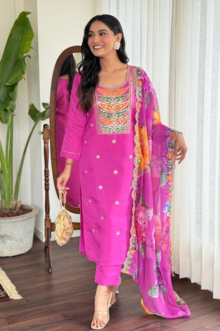 Pink Viscose Chanderi Embrodairy Stright Kurta Set_Kumari Sarees