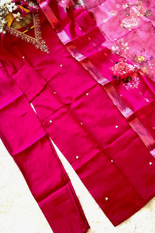Pink Organza Viscose Chanderi Embroidery Kurta Set