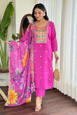 Pink Viscose Chanderi Embrodairy Stright Kurta Set_Kumari Sarees