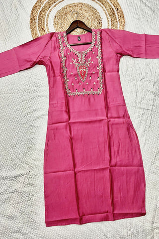 Pink Viscose Chanderi Jacquard Embroidery Kurta Set_Kumari Sarees