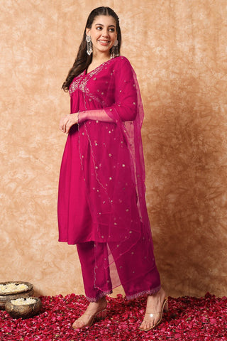 Pink Organza Vichitra Silk Kurta Set_Kumari Sarees