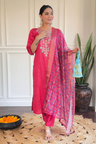 Chanderi & Organza Embroidered Butti Dupaata Set_Kumari Sarees
