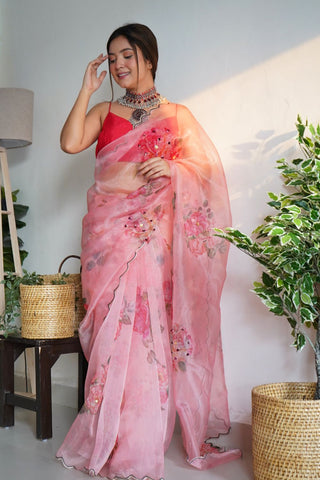 PINK ORGANZA HANDWORK DIGITAL PRINT SAREE