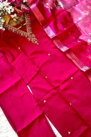 Pink Organza Viscose Chanderi Embroidery Kurta Set