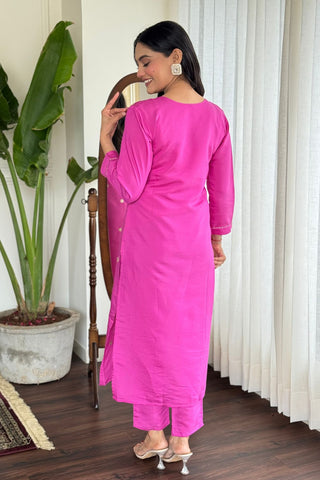 Pink Viscose Chanderi Embrodairy Stright Kurta Set_Kumari Sarees