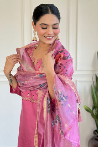 Pink Viscose Chanderi Jacquard Embroidery Kurta Set_Kumari Sarees