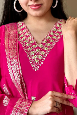 Pink Chanderi Jaccard Silk Embroidery Kurta Set_Kumari Sarees