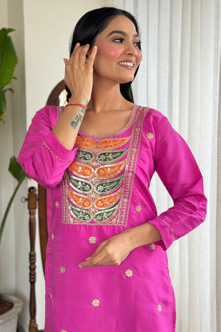 Pink Viscose Chanderi Embrodairy Stright Kurta Set_Kumari Sarees