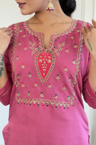Pink Viscose Chanderi Jacquard Embroidery Kurta Set_Kumari Sarees
