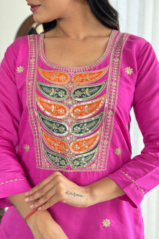 Pink Viscose Chanderi Embrodairy Stright Kurta Set_Kumari Sarees