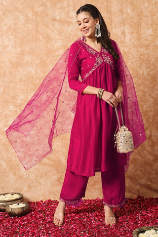Pink Organza Vichitra Silk Kurta Set_Kumari Sarees