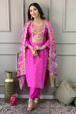 Pink Viscose Chanderi Embrodairy Stright Kurta Set_Kumari Sarees
