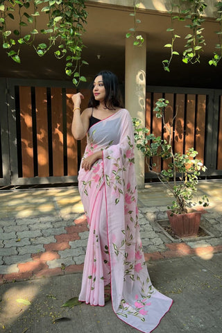 Pink Georgette Silk Saree